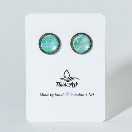 Round Fluid Art Post Earrings - Green white on antique bronze