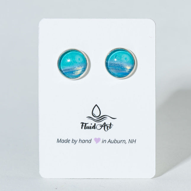 Round Fluid Art Post Earrings - blue on silver