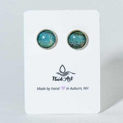 Round Fluid Art Post Earrings - Blue black on silver