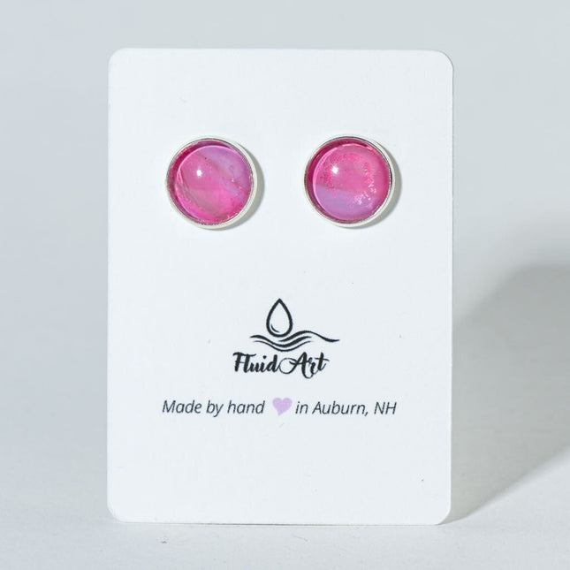 Round Fluid Art Post Earrings - pink on silver