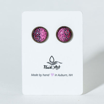 Round Fluid Art Post Earrings - pink red black on antique bronze