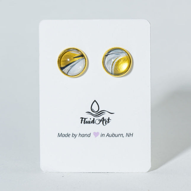 Round Fluid Art Post Earrings - gold white black on Gold