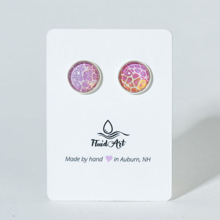Round Fluid Art Post Earrings - pink cells on white, Silver