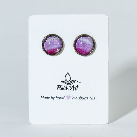 Round Fluid Art Post Earrings - pink white antique bronze