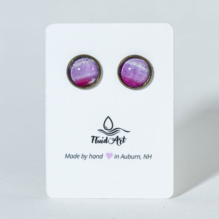 Round Fluid Art Post Earrings - pink white antique bronze