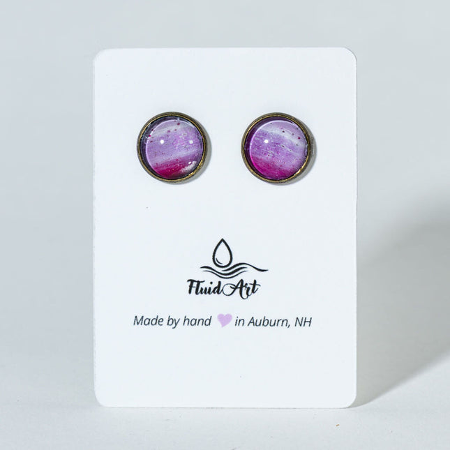 Round Fluid Art Post Earrings - pink white antique bronze