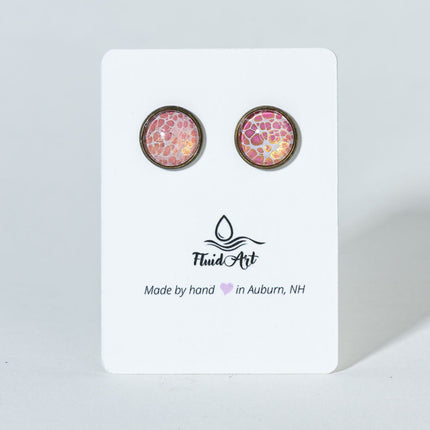 Round Fluid Art Post Earrings - pink white antique bronze
