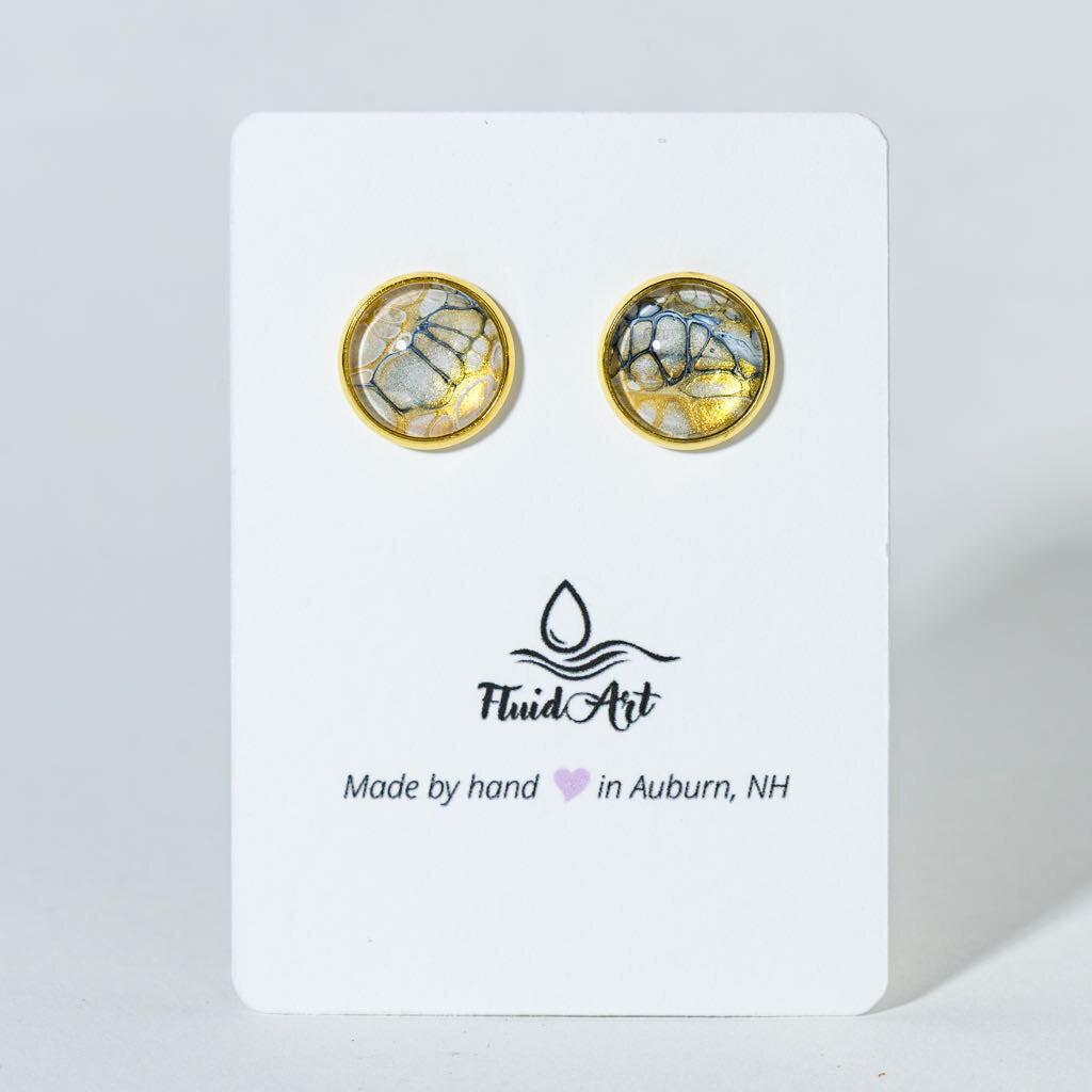Round Fluid Art Post Earrings - Gold white black on gold