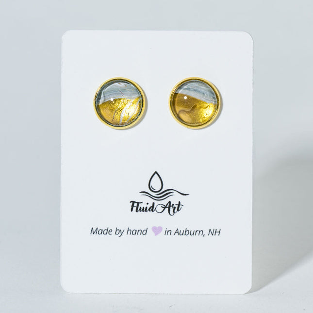 Round Fluid Art Post Earrings - Gold white on gold