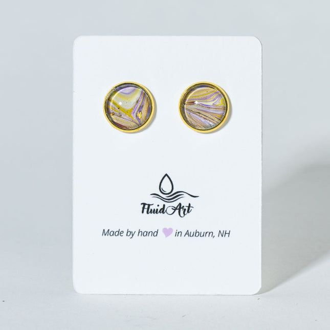Round Fluid Art Post Earrings - yellow lavender magenta on gold