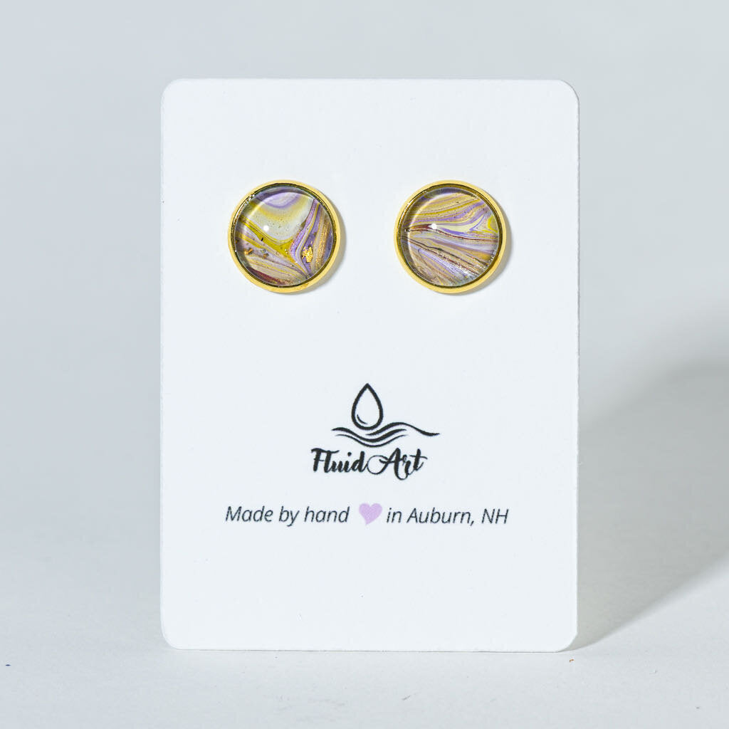 Round Fluid Art Post Earrings - yellow lavender magenta on gold