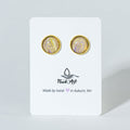 Round Fluid Art Post Earrings - yellow lavender magenta on gold
