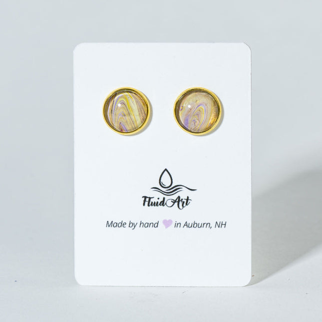 Round Fluid Art Post Earrings - yellow lavender magenta on gold