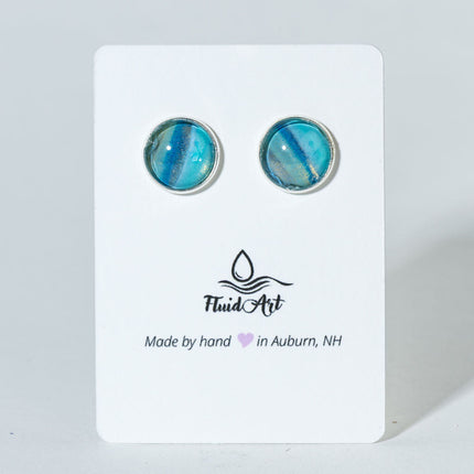 Round Fluid Art Post Earrings - blue gold on silver