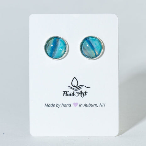 Round Fluid Art Post Earrings - blue gold on silver