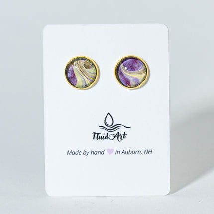 Round Fluid Art Post Earrings - yellow magenta, gold on gold