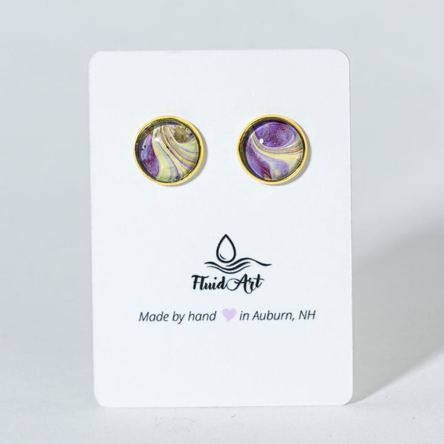 Round Fluid Art Post Earrings - yellow magenta, gold on gold