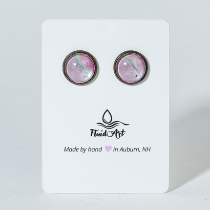 Round Fluid Art Post Earrings - light pink silver on antique bronze