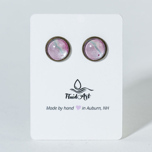 Round Fluid Art Post Earrings - light pink silver on antique bronze