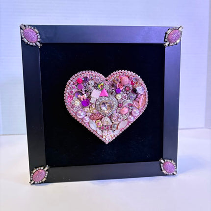 3in wood heart painted pink & decorated w/vtg jewelry pieces 8 in black frame