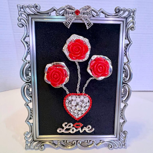 5 X 7 SILVER PEWTER FRAME w/VTG ROSES, RHINESTONE HEART, LOVE & BOW JEWELRY