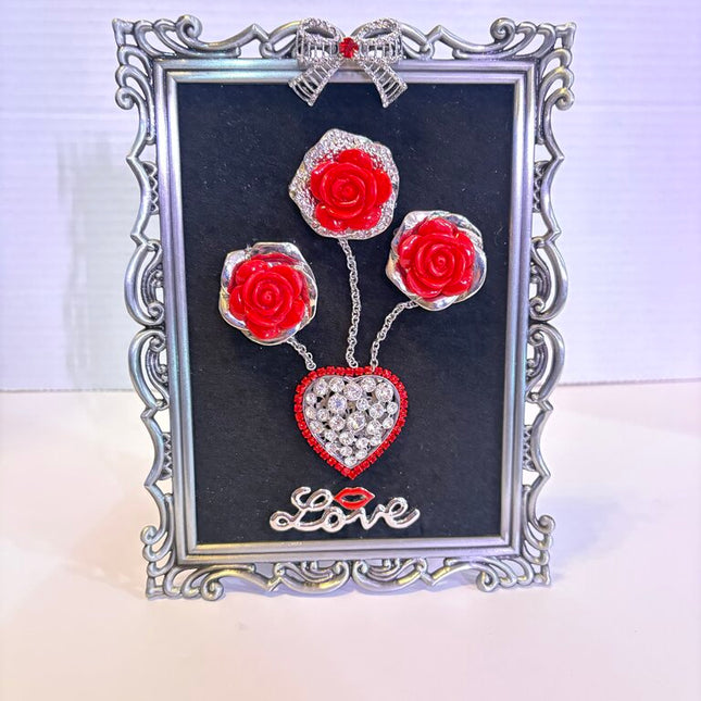 5 X 7 SILVER PEWTER FRAME w/VTG ROSES, RHINESTONE HEART, LOVE & BOW JEWELRY