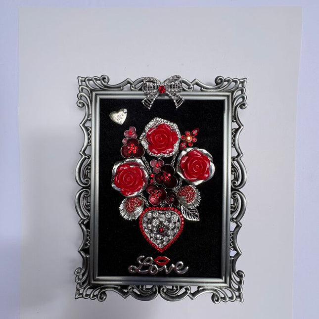 DECORATIVE PEWTER FRAME 5X7 RED ROSE & FLOWER BOUQUET LOVE