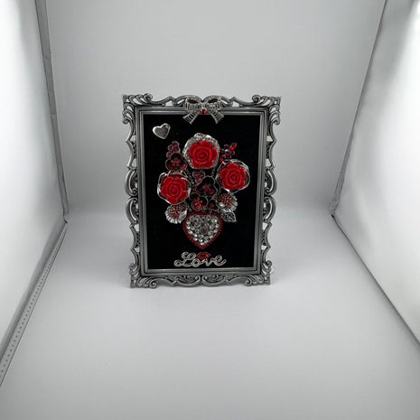 DECORATIVE PEWTER FRAME 5X7 RED ROSE & FLOWER BOUQUET LOVE