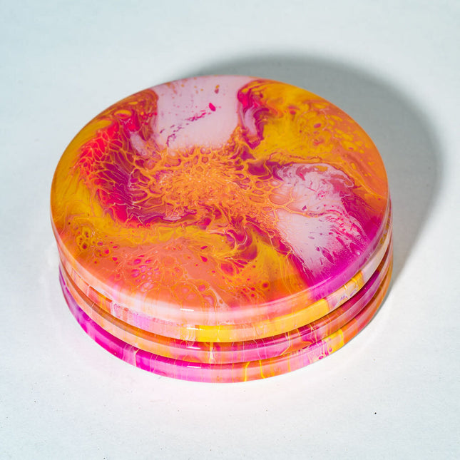 Coasters - Set of 4 Round - pink orange, white vibrant colors