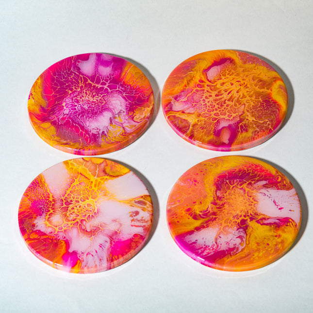 Coasters - Set of 4 Round - pink orange, white vibrant colors