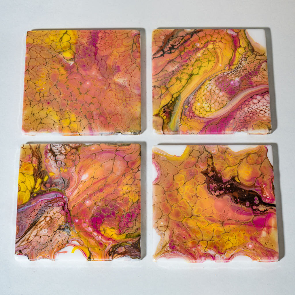 Coasters - Set of 4 Square - yellow orange, red black white