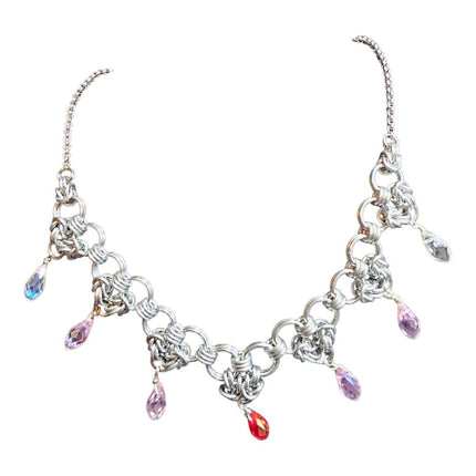 Silver Hearts, Red, Pink and White Crystal Drops Choker Necklace 14-18 inches
