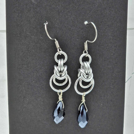 Silver Half Byzantine with Black Crystal Drop Earrings