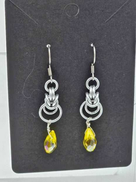 Silver Half Byzantine with Yellow Crystal Drop Earrings