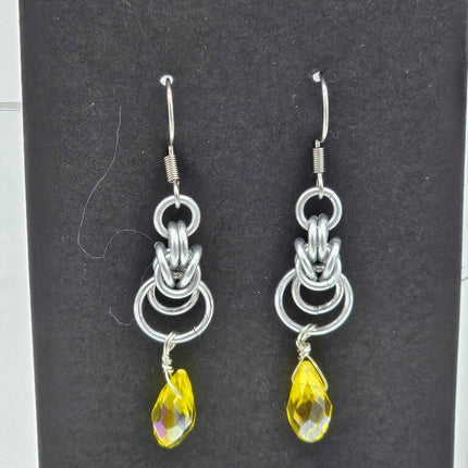 Silver Half Byzantine with Yellow Crystal Drop Earrings