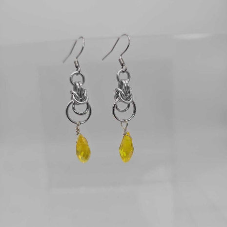 Silver Half Byzantine with Yellow Crystal Drop Earrings