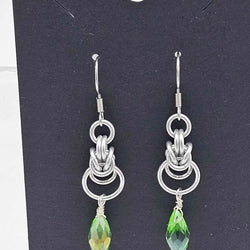 Silver Half Byzantine with Light Green Crystal Drop Earrings - view 1