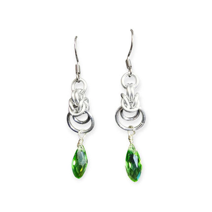 Silver Half Byzantine with Light Green Crystal Drop Earrings