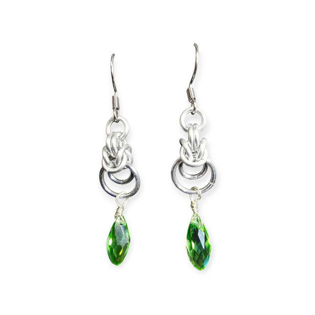 Silver Half Byzantine with Light Green Crystal Drop Earrings