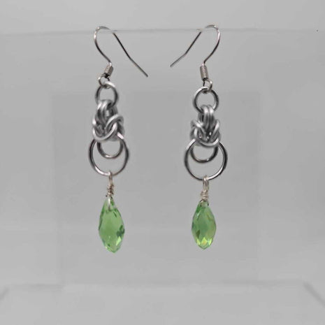 Silver Half Byzantine with Light Green Crystal Drop Earrings