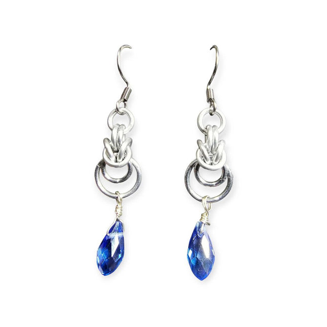 Silver Half Byzantine with Blue Crystal Drop Earrings