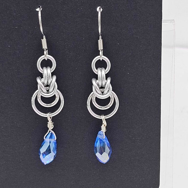 Silver Half Byzantine with Blue Crystal Drop Earrings