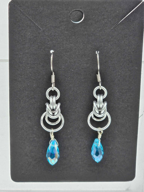 Silver Half Byzantine with Light Blue Crystal Drop Earrings