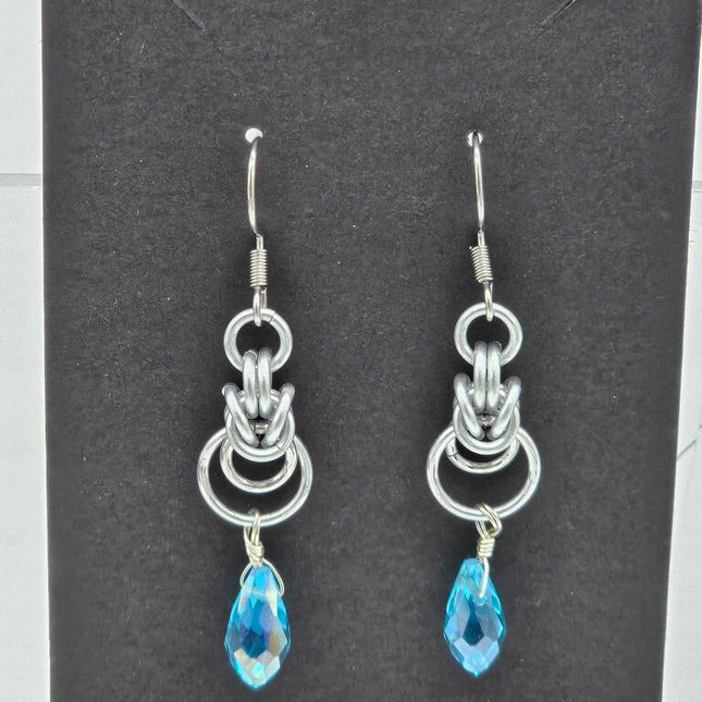 Silver Half Byzantine with Light Blue Crystal Drop Earrings
