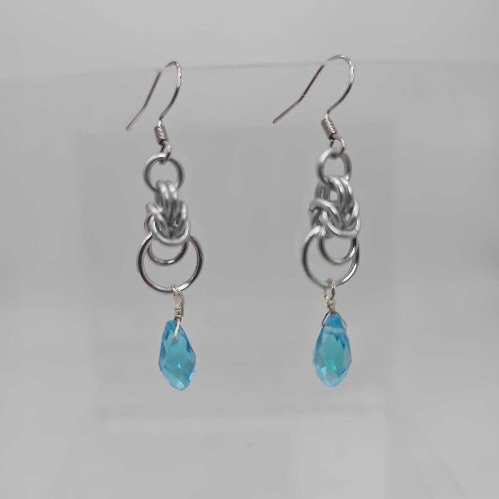 Silver Half Byzantine with Light Blue Crystal Drop Earrings