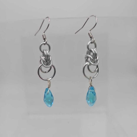 Silver Half Byzantine with Light Blue Crystal Drop Earrings