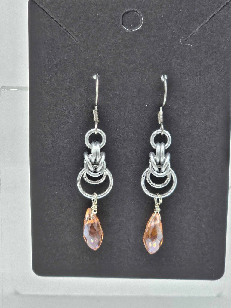 Silver Half Byzantine with Peach Crystal Drop Earrings