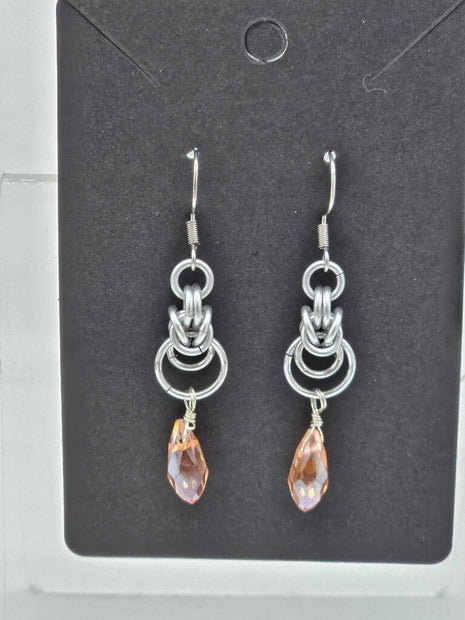 Silver Half Byzantine with Peach Crystal Drop Earrings