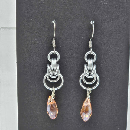 Silver Half Byzantine with Peach Crystal Drop Earrings