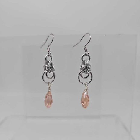 Silver Half Byzantine with Peach Crystal Drop Earrings